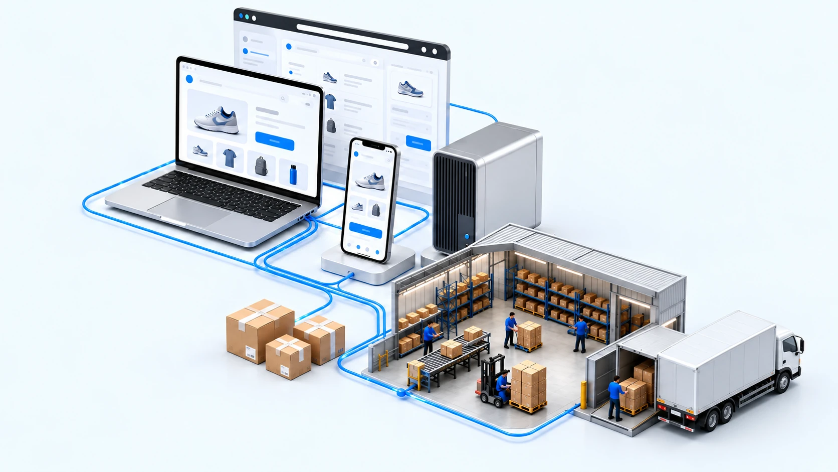 An ecommerce platform connected to order administration, warehouse fulfilment and courier dispatch